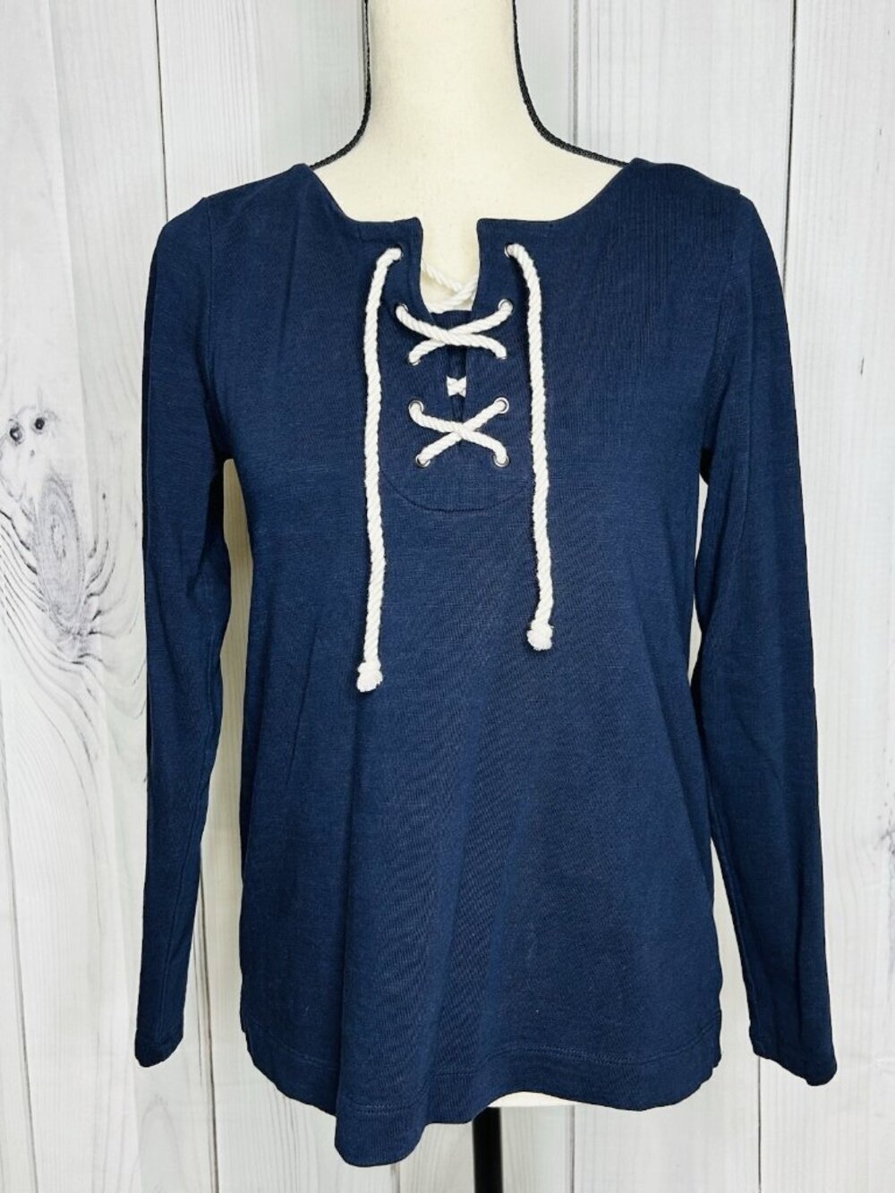 Talbots Size S Petite Navy Cream Rope Tie Neck Top Blouse Women 100% Cotton